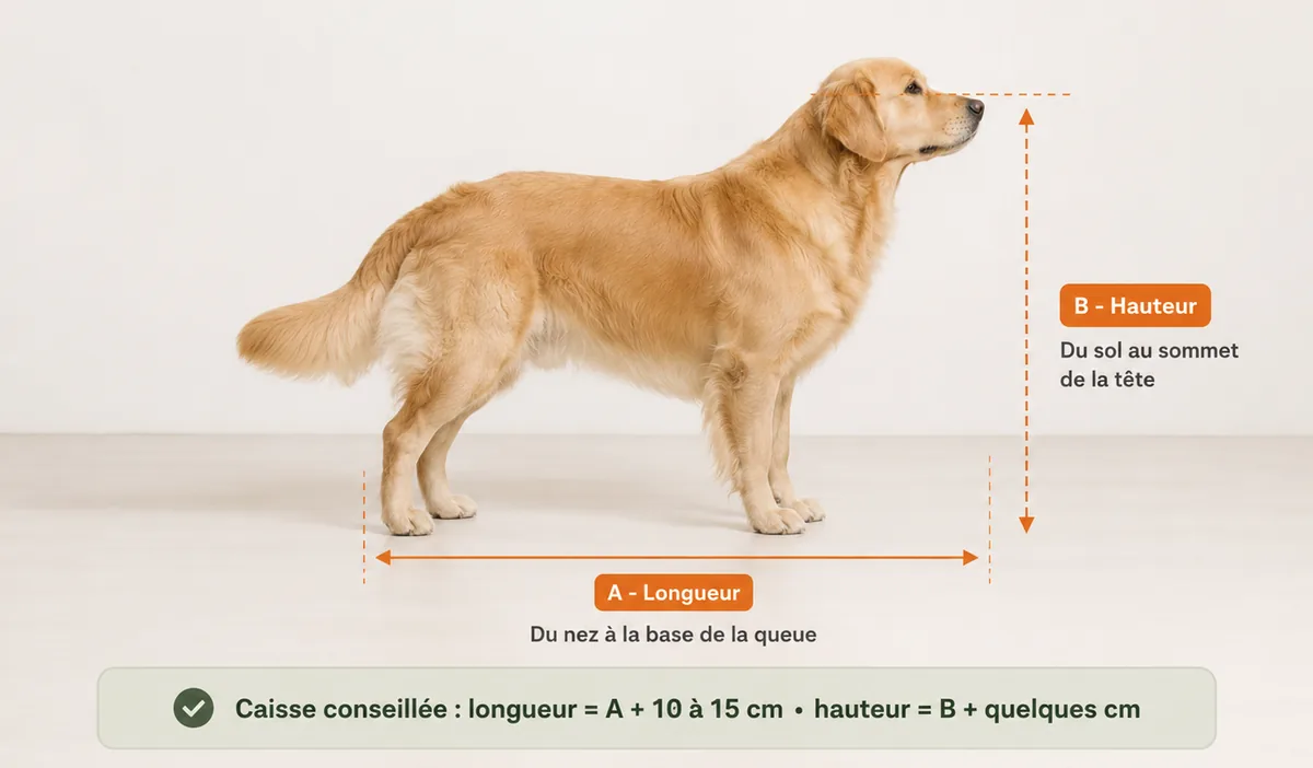 Schéma de mesure d'un chien pour choisir une caisse de transport : la longueur (A) se mesure du bout du nez à la base de la queue, la hauteur (B) du sol au sommet de la tête ; caisse conseillée, longueur = A + 10 à 15 cm et hauteur = B + quelques centimètres.