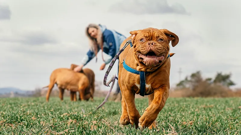 Jeune chien joueur et excité en promenade, gueule ouverte, laisse attachée - chien qui mordille sa laisse