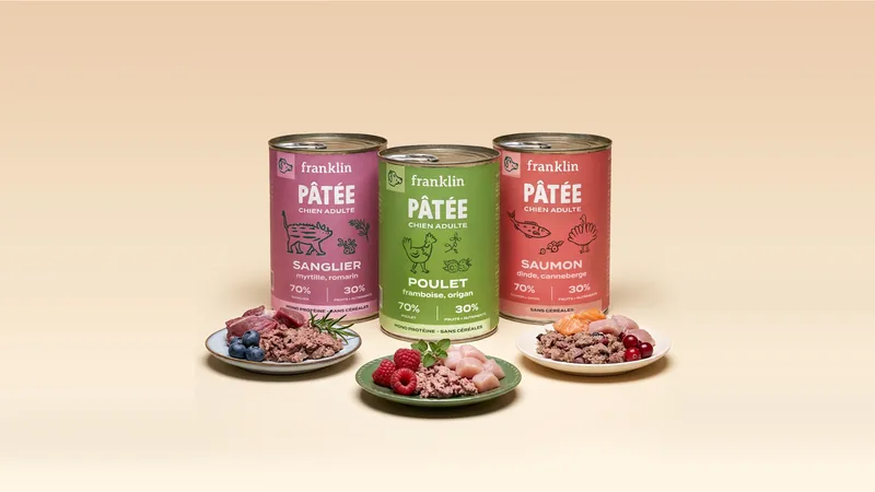 Les trois pâtées Franklin sans céréales pour chien - sanglier, poulet et saumon - avec une assiette de chaque recette