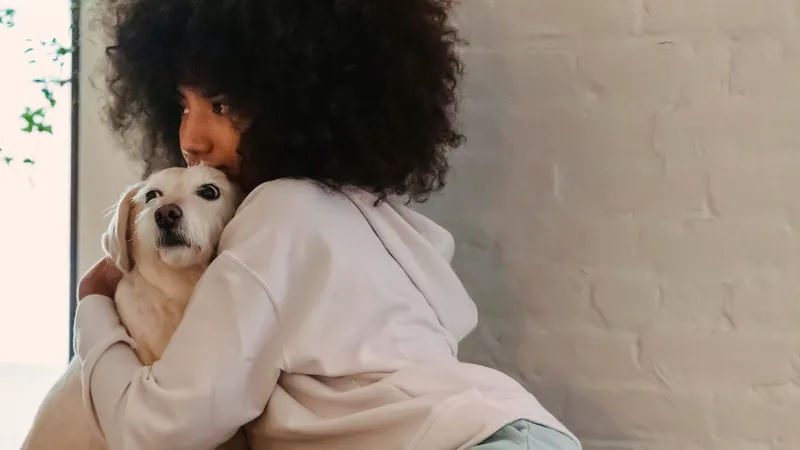 Personne enlaçant tendrement son chien calme dans une pièce claire - comprendre et choisir le plafond annuel d'une assurance pour chien
