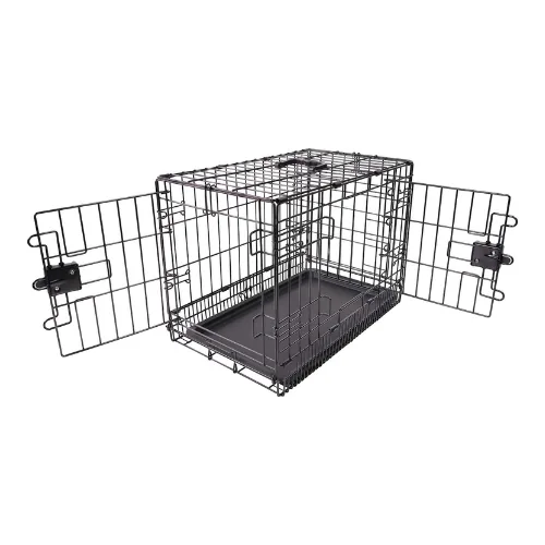 Caisse de transport métallique pliante pour chien, à barreaux, avec deux portes et plateau de fond amovible
