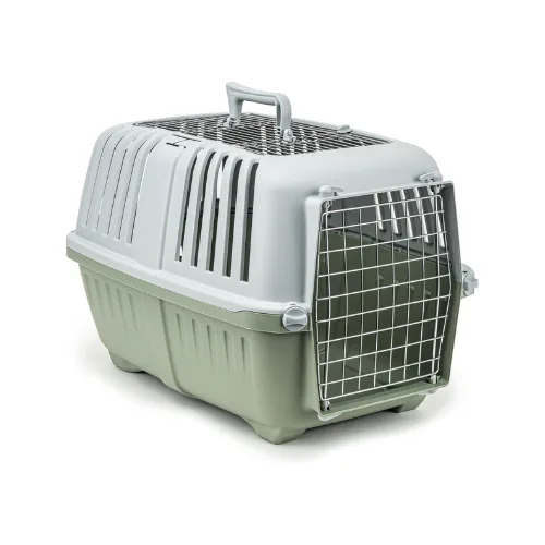 Caisse de transport en plastique rigide pour chien, coque fermée avec porte grillagée métallique et poignée sur le dessus