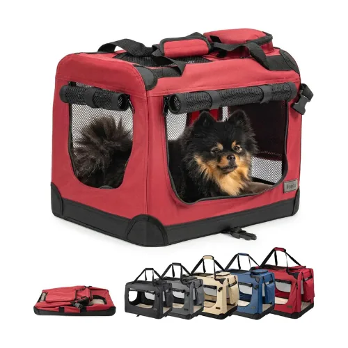 Caisse de transport souple en tissu pour petit chien, avec parois en filet aéré, un petit chien installé à l'intérieur