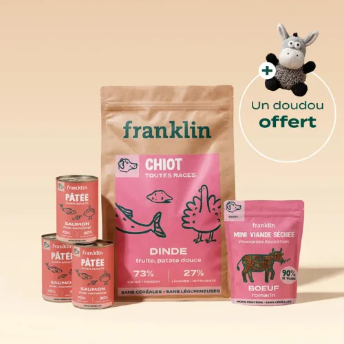 Pack découverte de la collection chiot Franklin : croquettes, pâtées et friandises d'éducation pour chiot