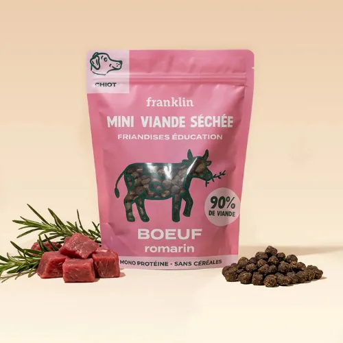 Sachet de mini viande séchée de bœuf au romarin Franklin, friandises d'éducation pour chien