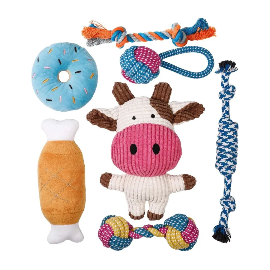 Lot de sept jouets pour chiot : peluches donut, pilon et vache en velours côtelé, et cordes nouées colorées