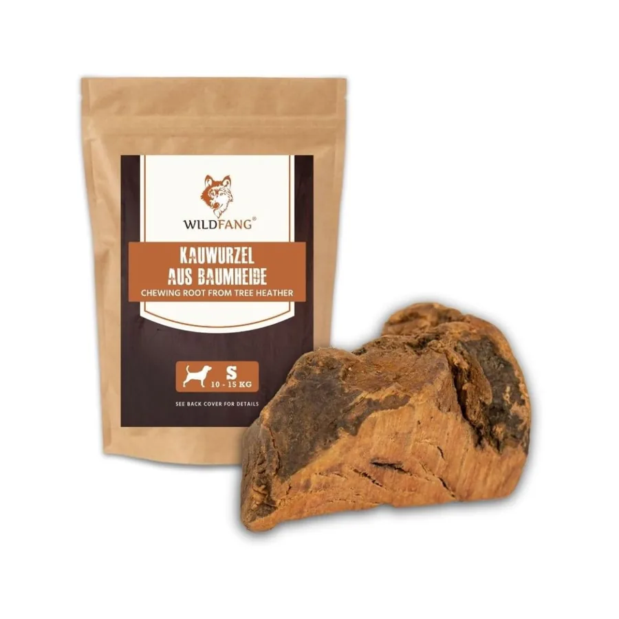 Racine de bruyère à mâcher pour chien, présentée avec son sachet kraft de la marque Wildfang