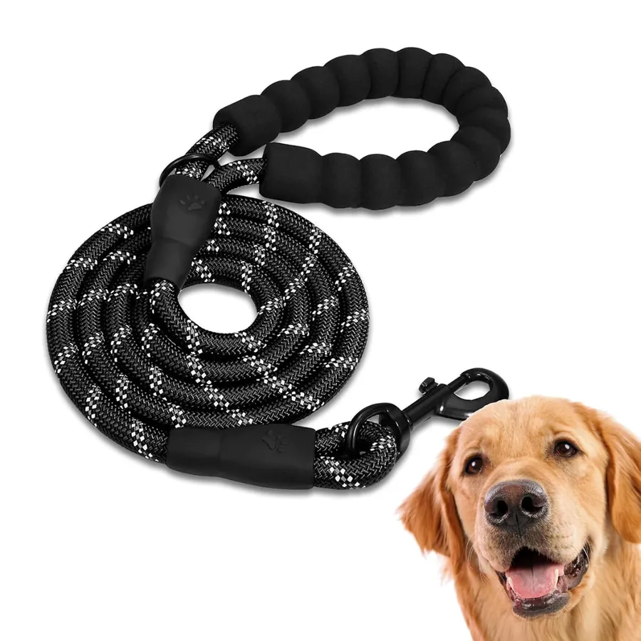 Laisse pour chiot en corde ronde de nylon noire à fils réfléchissants, avec poignée matelassée et mousqueton
