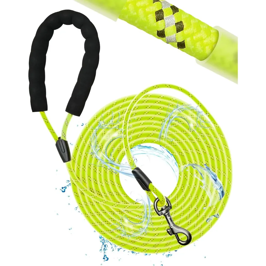 Laisse pour chien en corde vert fluo à fils réfléchissants, avec poignée matelassée noire - haute visibilité